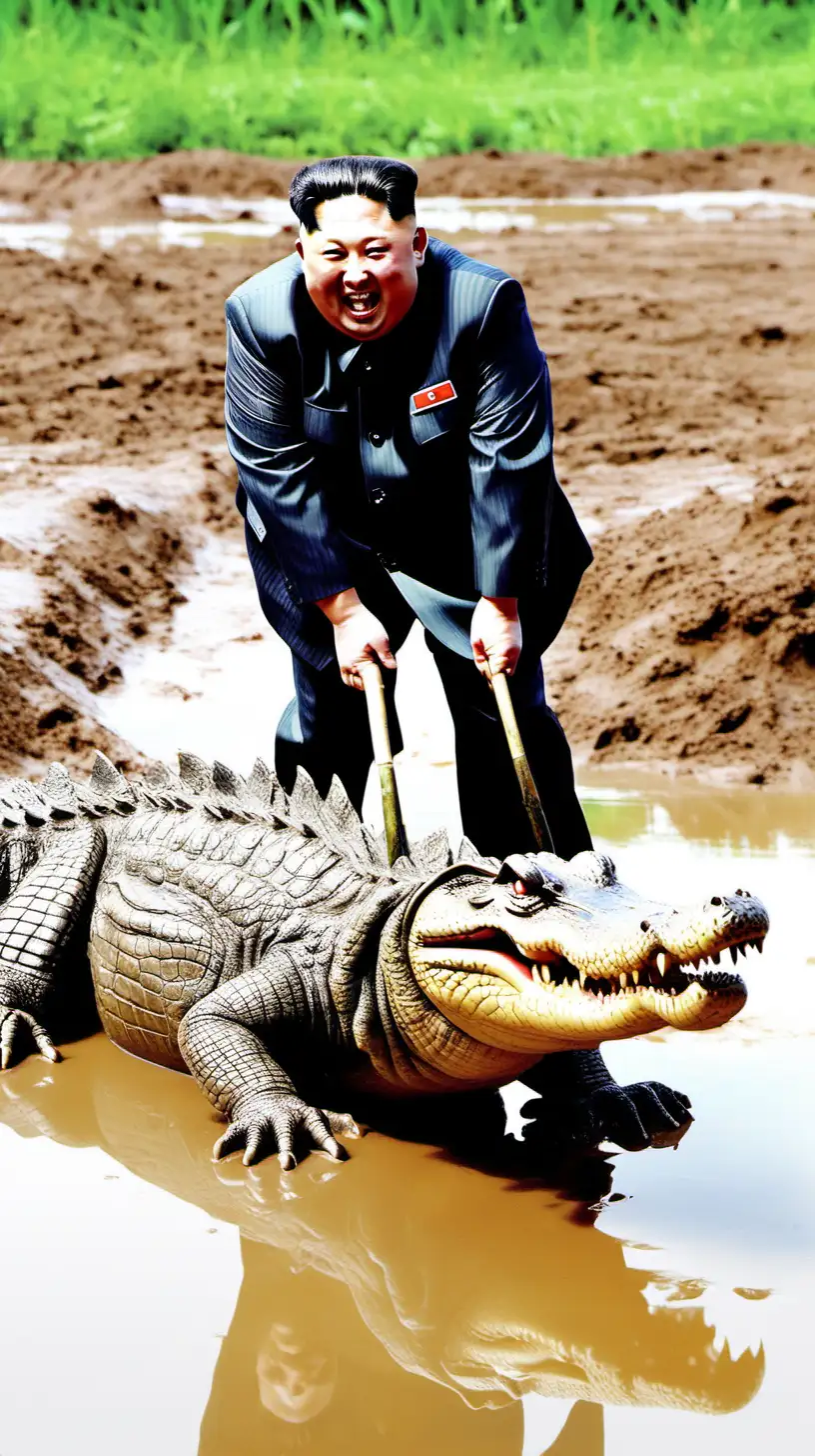 Kim Jongun Playfully Engages with Crocodile in Mud