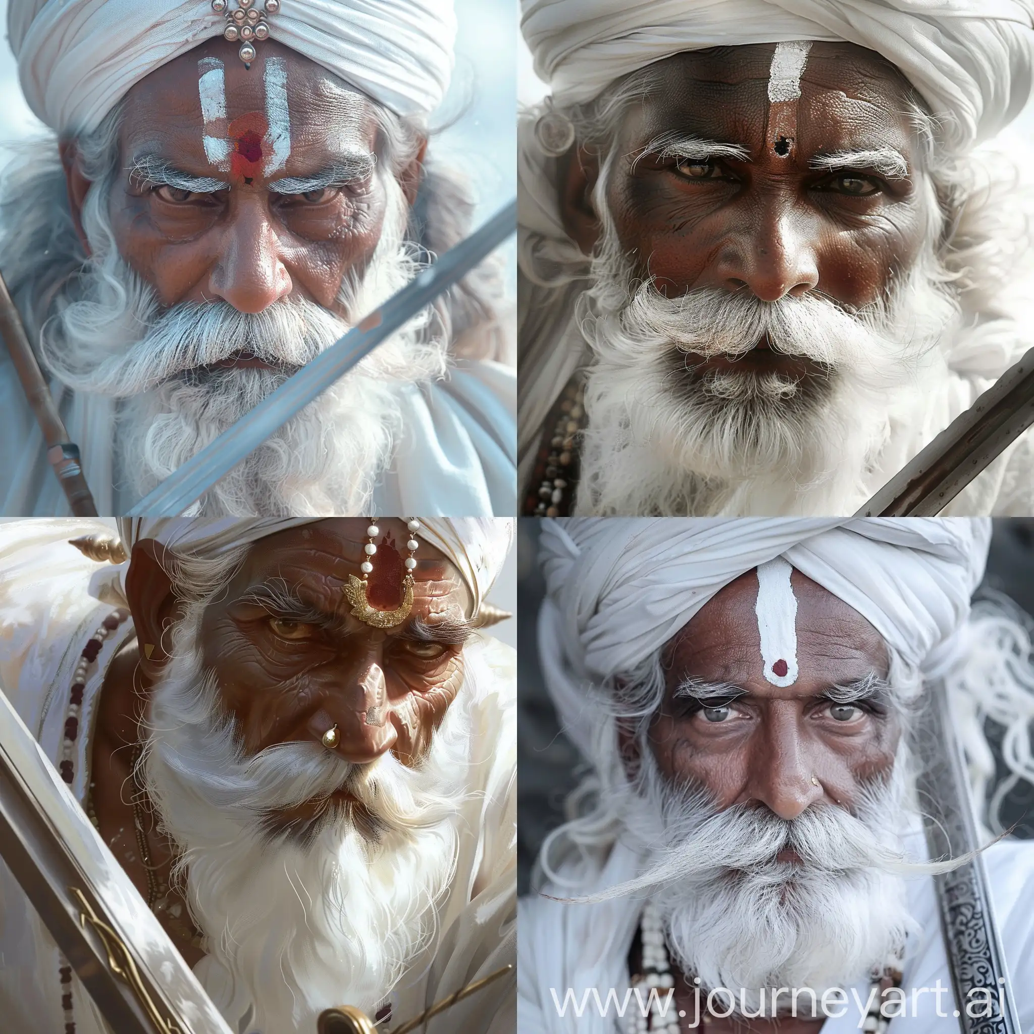 Year is 1700 CE. Imagine historical figure Durgadas Rathore, whIte moustache and beard, white rajasthani saafa on head, eyes like buddha, white clothes, calm, has a sword in hand.