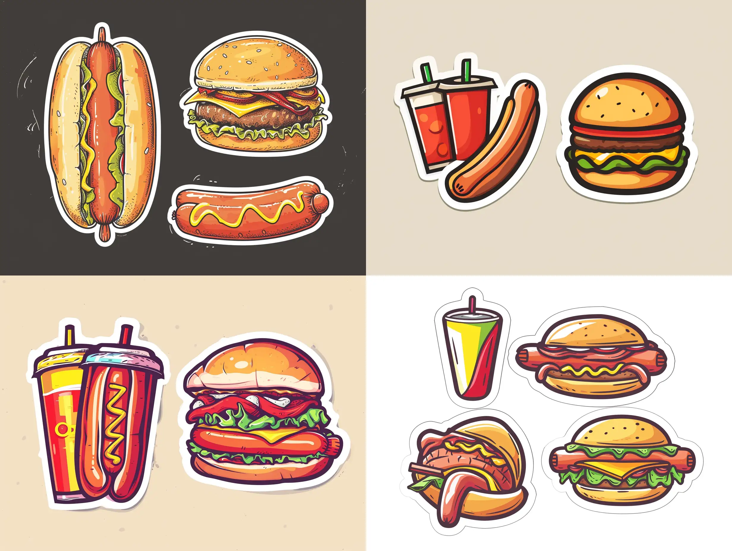 Logo design for a sticker and banner of a fast food shop including a hot dog sandwich and a hamburger with soft drinks.