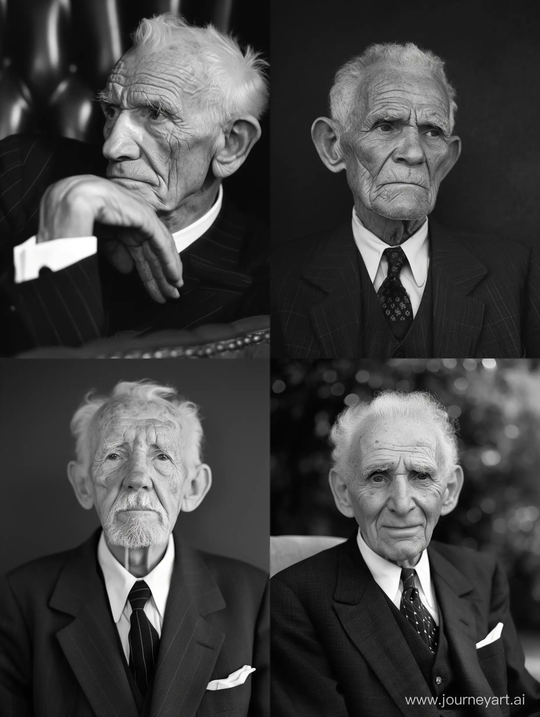 old man wearing formal suit, formal realistic photography in black and white from the 1950s