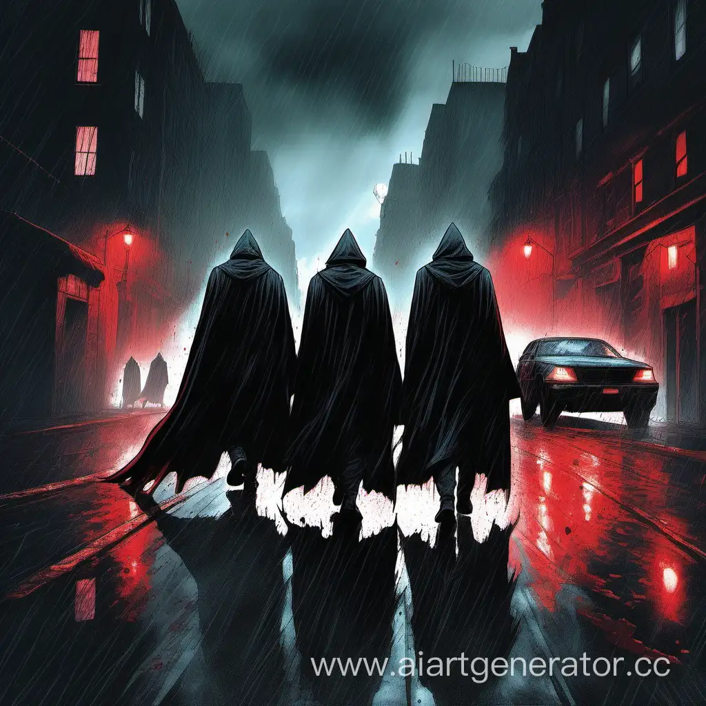 три парня в плащах уходят вдаль по темной дождливой улице города, а за ними кровавый след