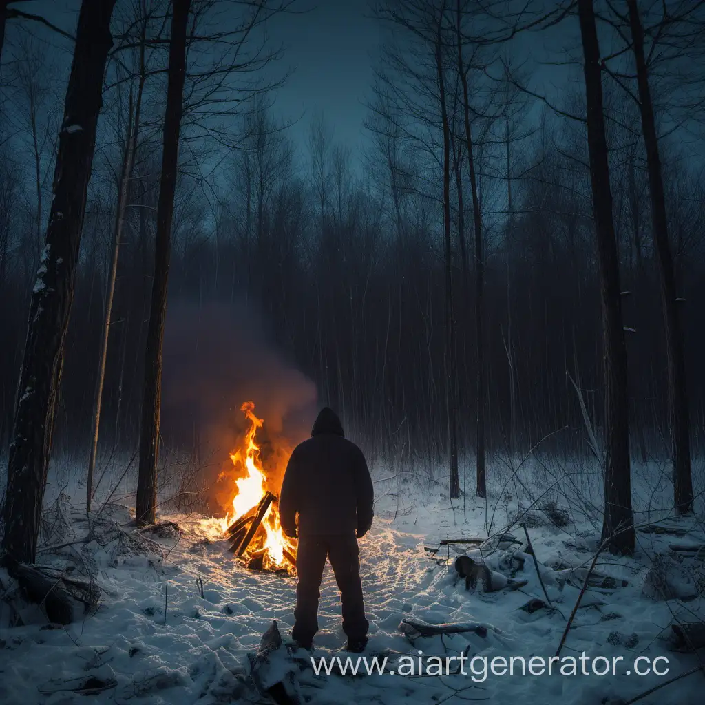 Survival, mann von hinten in der Mitte vom Bild, winterlich. Shelter. Feuer, wald,Nacht 