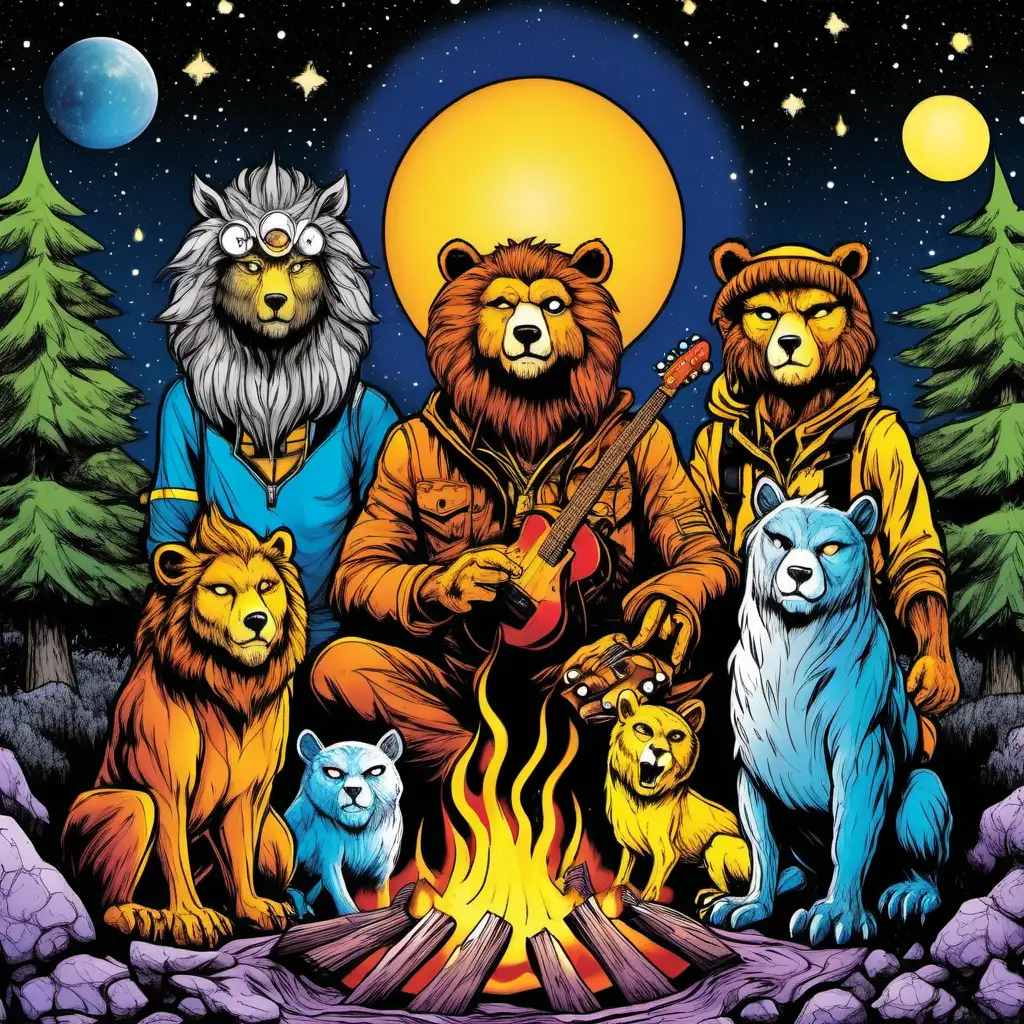 cosmic campfire music bear lion wolf owl family vibration comic book