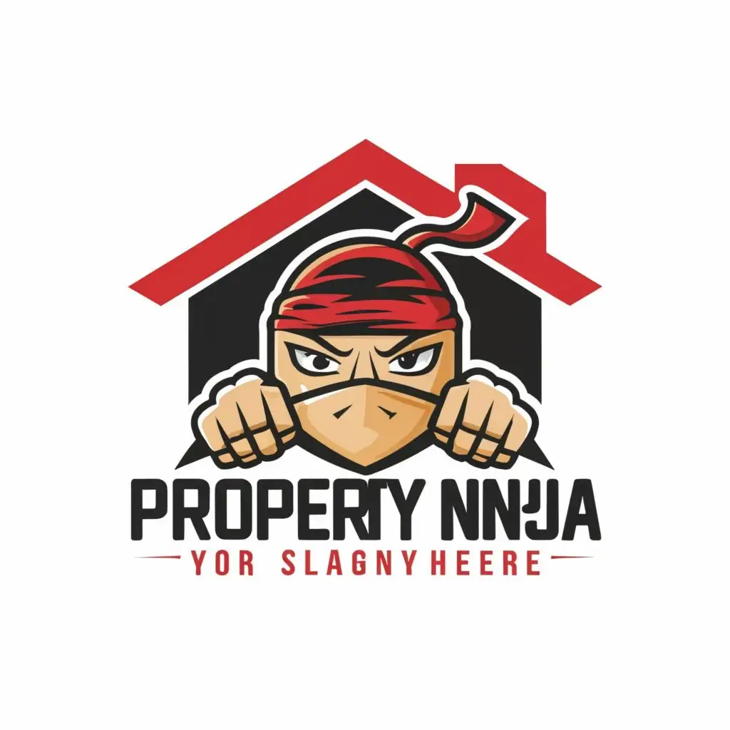 logo, ninja face and hands
peeking over a house, with the text "Property Ninja", typography, be used in Real Estate industry