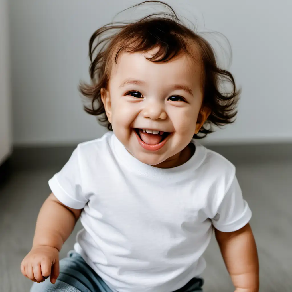 A photo of a happy toddler in a white t-shirt