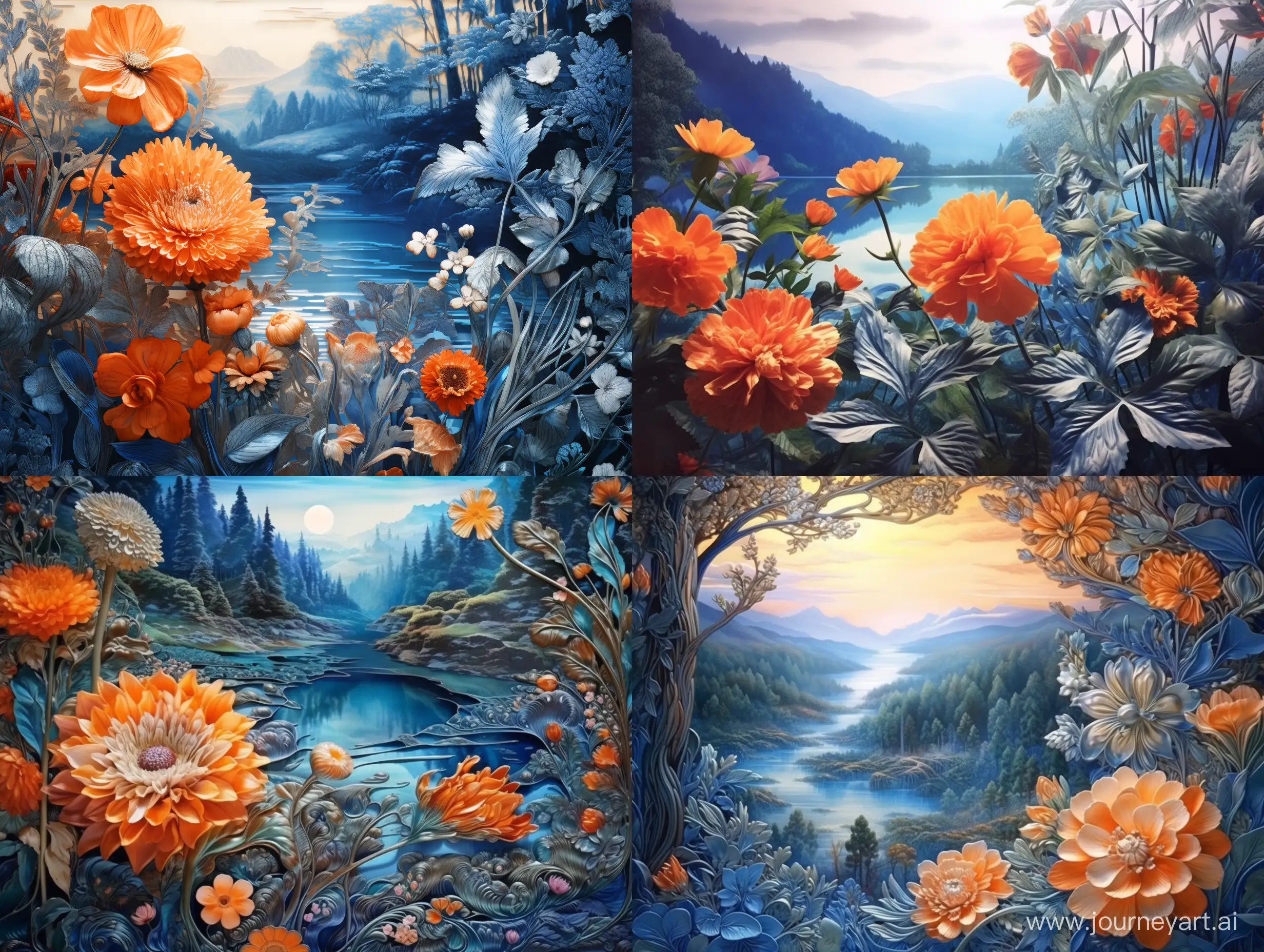 Оранжево синяя палитра. Синий лес, синие горы, оранжевое солнце, оранжевая радуга, оранжевые цветы, синяя река с отражением. Фотореализм, гипердетализация, эстетично, красиво, филигранно.