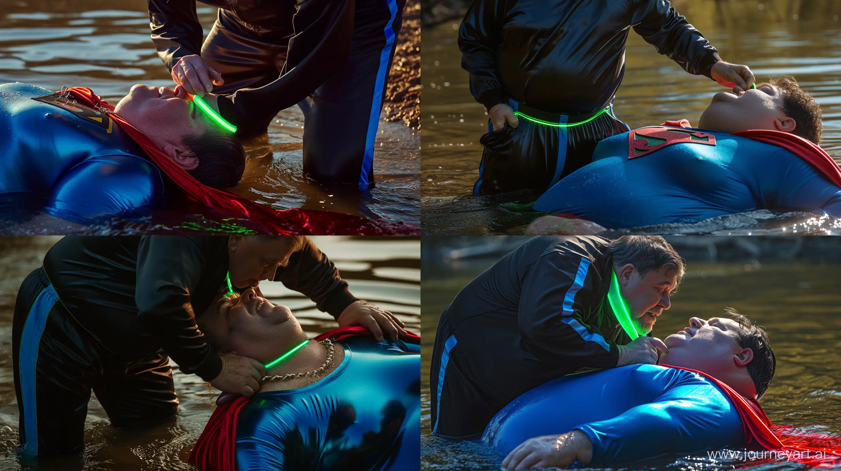 Close-up photo of a 100 kg man aged 60 wearing a silk black tracksuit with a blue stripe on the pants. He is tightening a tight green glowing neon dog collar on the neck of a fat man aged 60 wearing a tight blue 1978 smooth superman costume with a red cape lying on his face in the water. Natural Light. River. --style raw --ar 16:9