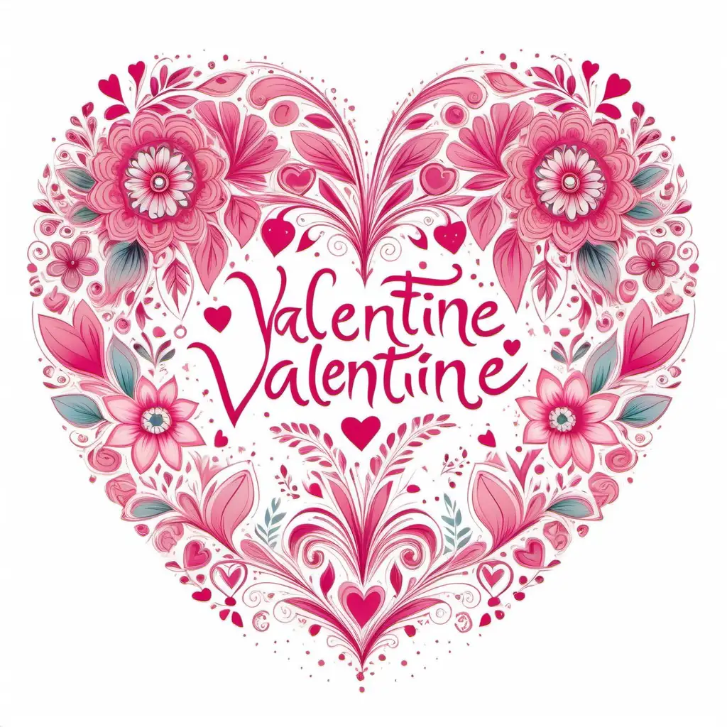 pink fairytale style boho floral valentine Heart, vector, white
background