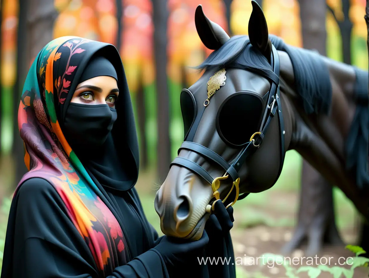 Muslim woman with a covered face in a black robe with a horse in the forest where there are many colorful trees