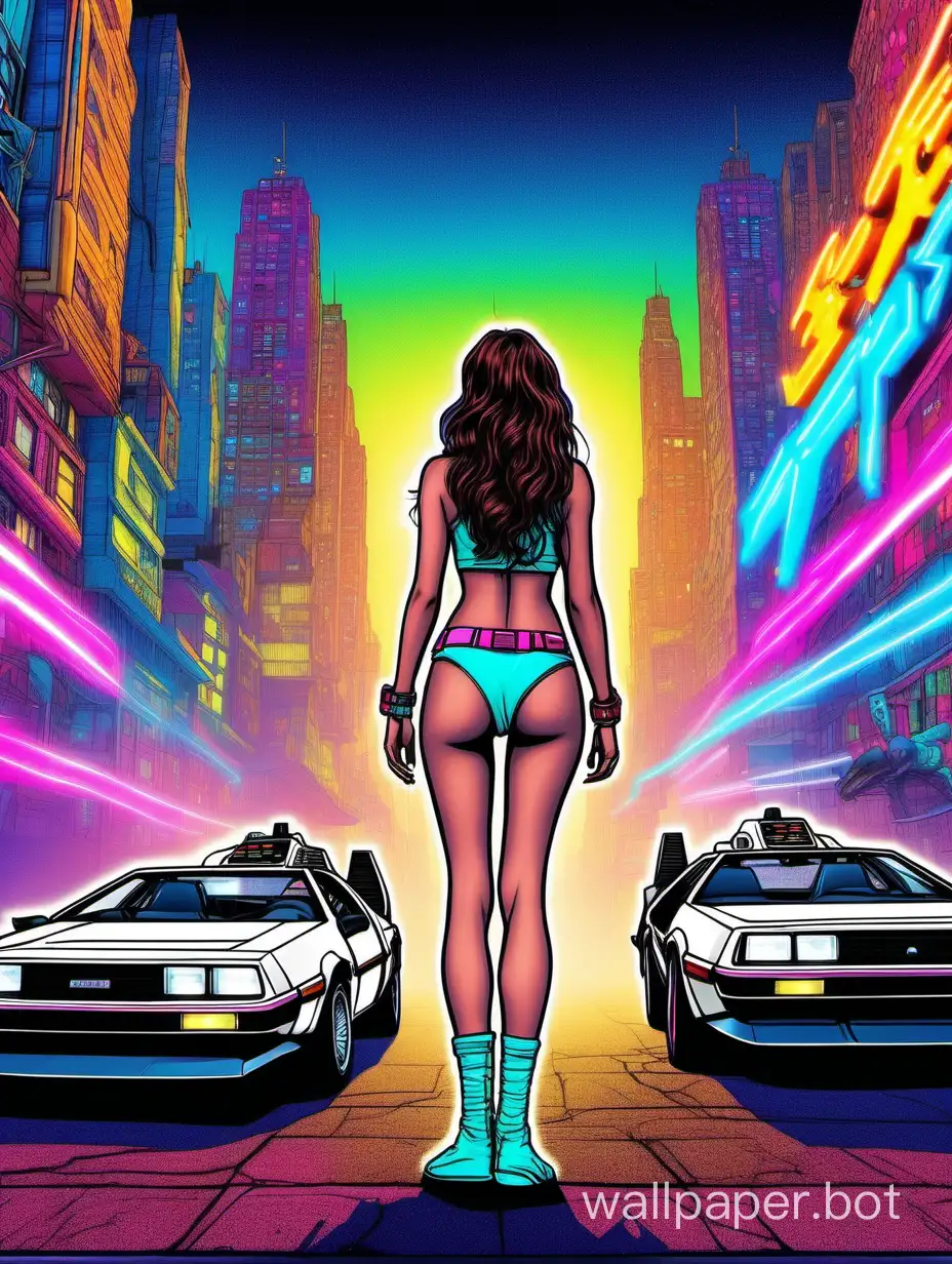 brunette woman in her 20's wearing neon multicolor thongs facing front and slight turned standing in front of back to the future delorian and cyberpunk nightcity in back