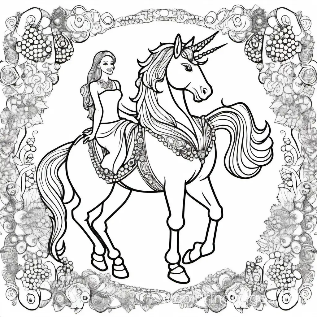 happy smiling
unicorn wearing jewels walking beside a beautiful woman, Coloring Page, black and white, line art, white background, Simplicity, Ample White Space. The background of the coloring page is plain white to make it easy for young children to color within the lines. The outlines of all the subjects are easy to distinguish, making it simple for kids to color without too much difficulty