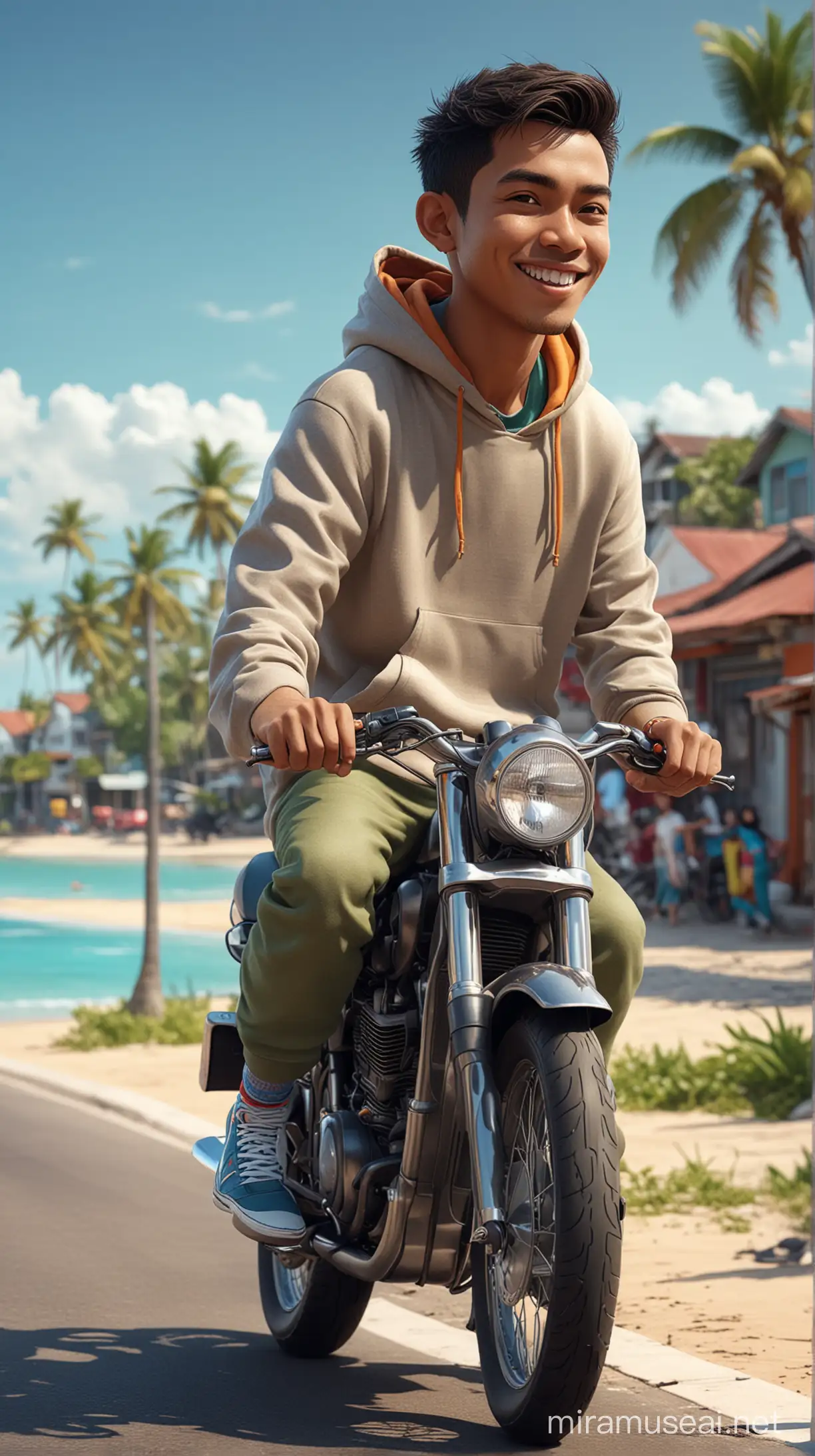 3d caricature of an Indonesian man with short hair is wearing a stylish hoodie and sneakers, riding a motor cycle near a beautiful beach with a typical Indonesian street background. The hyper-realistic rendering emphasizes high contrast and vibrant colors, providing an 8K resolution for intricate details. The focus is on capturing the dynamic essence of the man enjoying his ride in this scenic and lively environment.