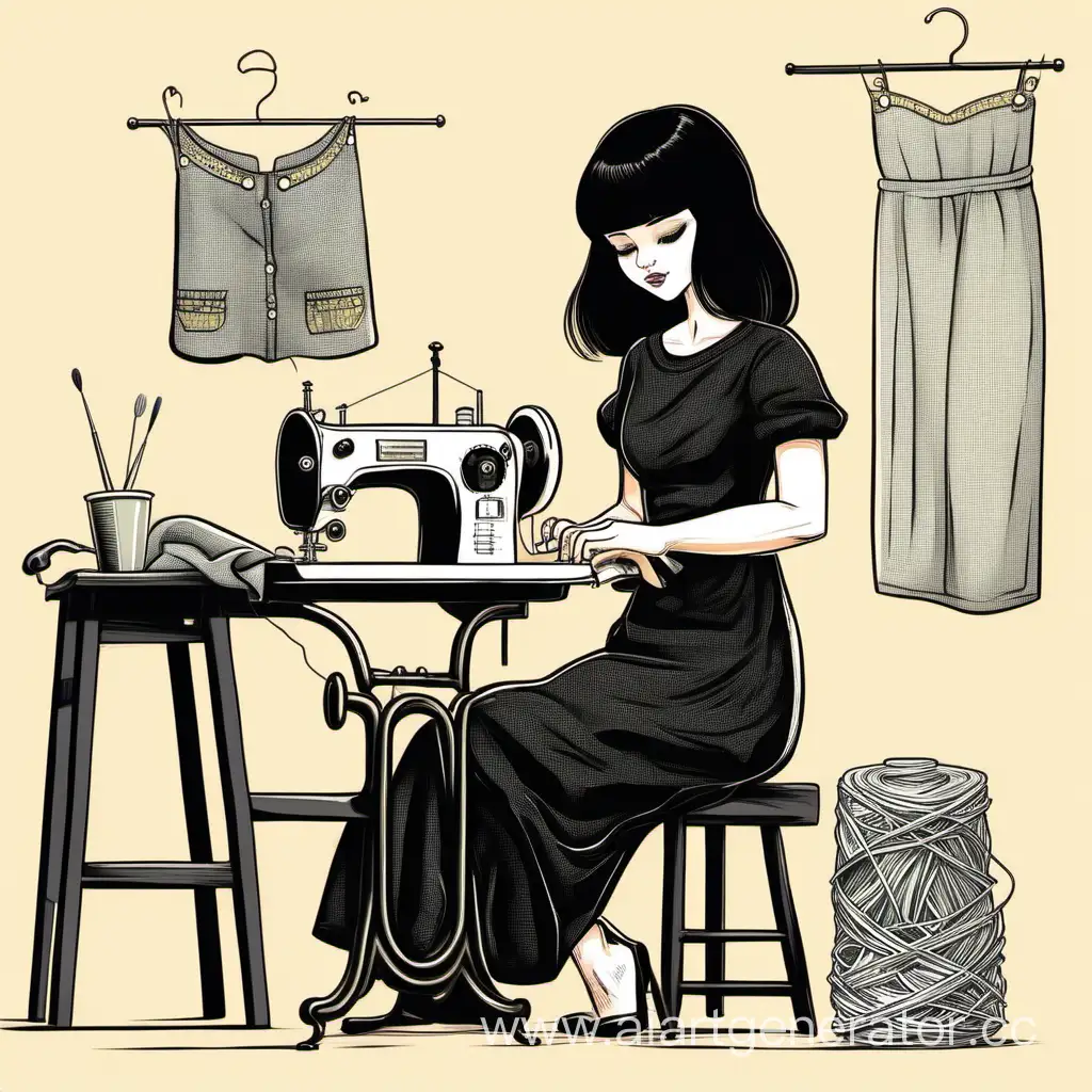 Женщина с черными волосами с челкой сидит шьет на швейной машинке в мультяшном стиле