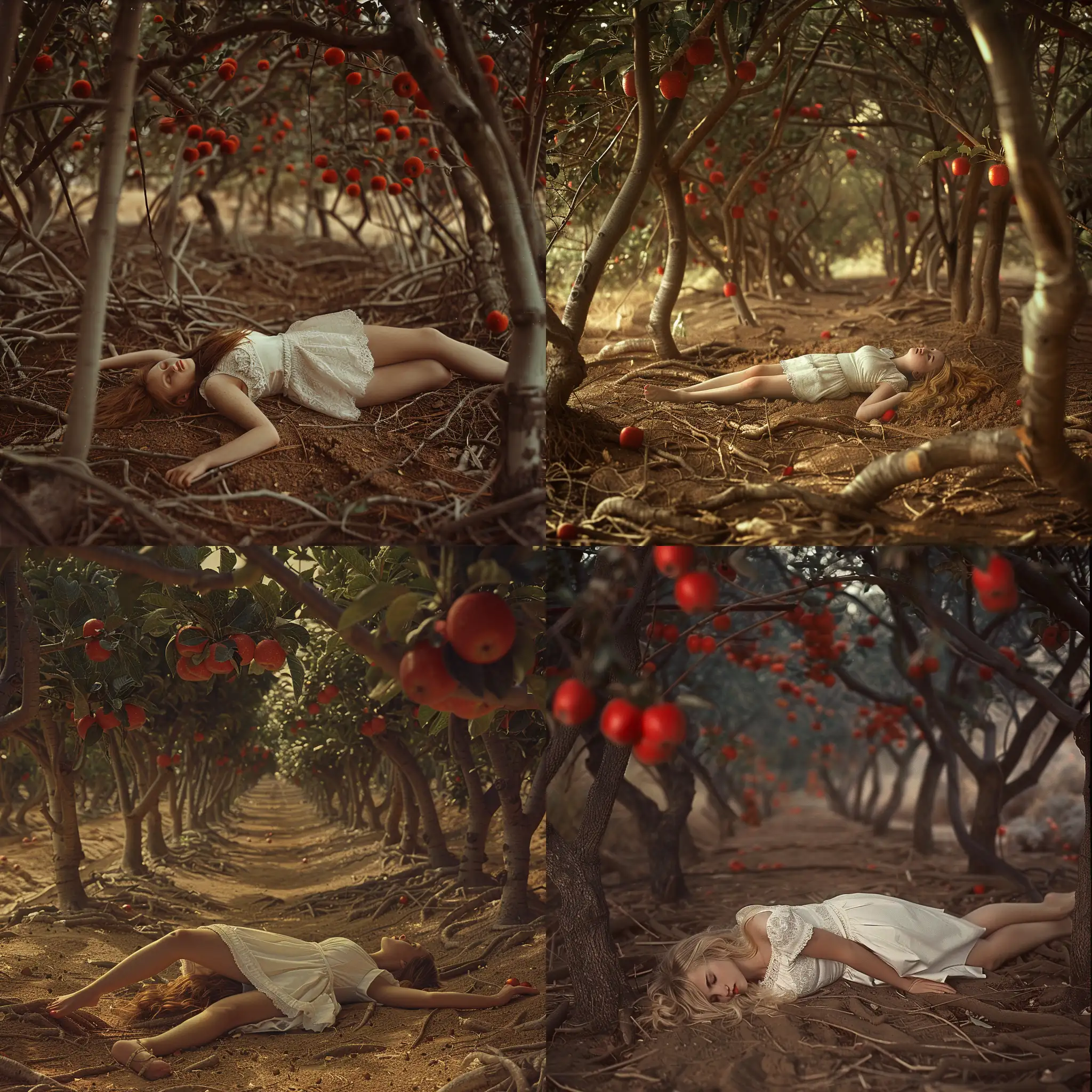 Girl-in-White-Dress-Surrounded-by-Apple-Trees-in-Alan-Lee-Style