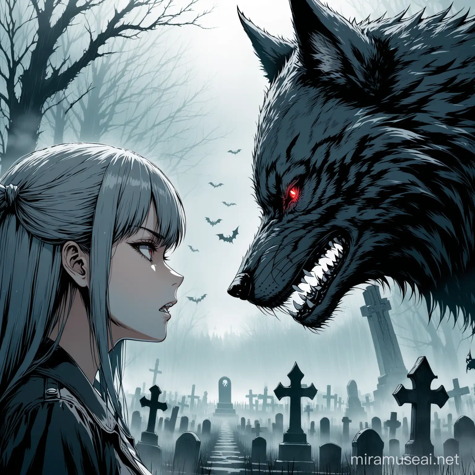 Intense Encounter Beautiful Girl Confronts Furious Demon Wolf in Misty Graveyard