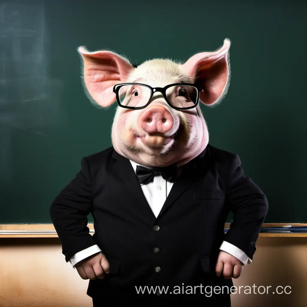 Big rich pig behind the blackboard