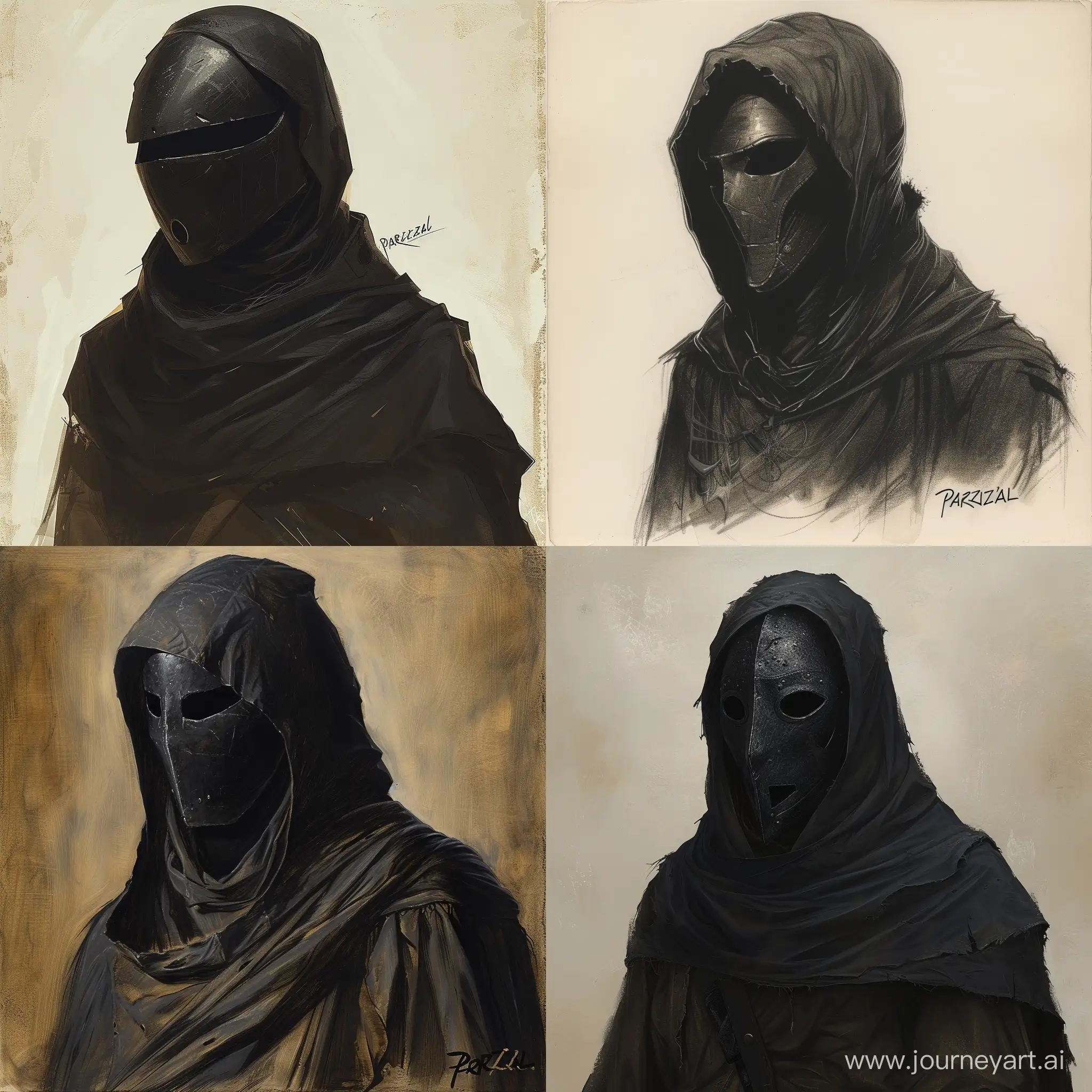нарисуй солдата в железной маске и накрытым полностью черной мантией видно толкьо черную маску, и написано чтобы было Parvizal