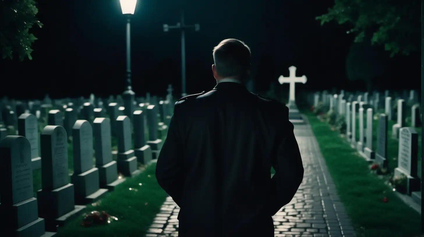 Dramatic Night Entry Cinematic Scene of a 40YearOld Security Guard in a Cemetery