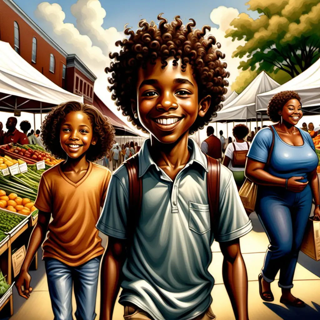 cartoon ernie barnes style african american 10 year old boy with curly hair smiling walking with parents in the farmer's market 
