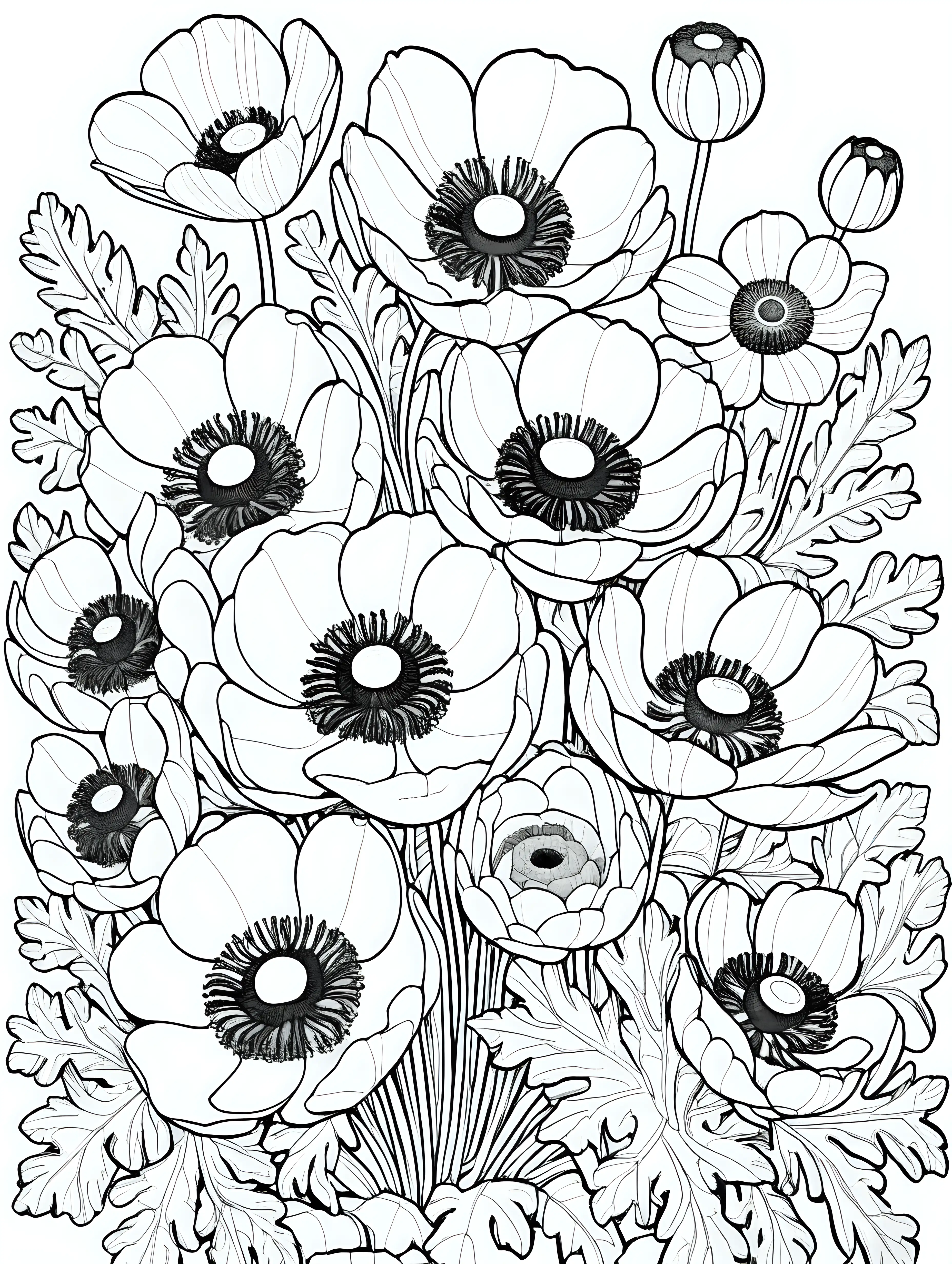 Cartoon Style Black and White Anemone Flower Coloring Page