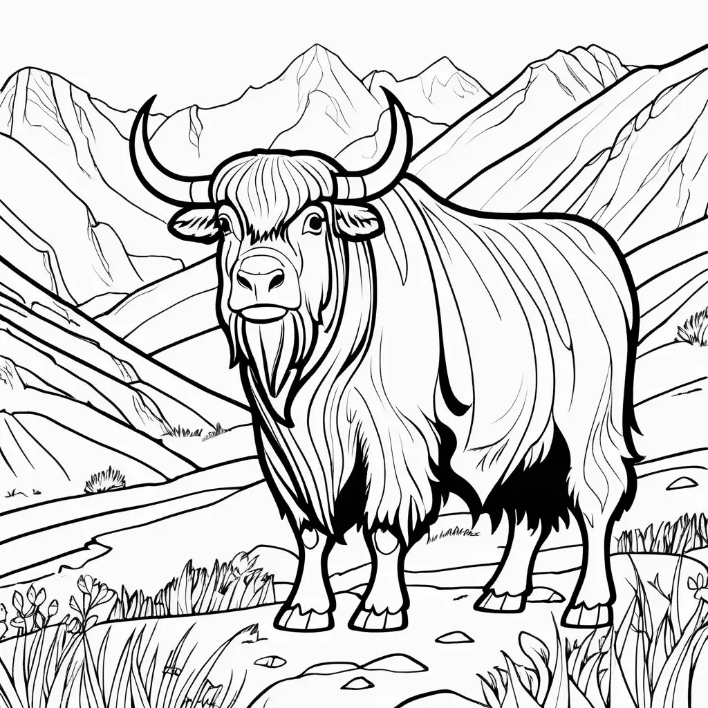 simple coloring book image of yak on alpine tundra