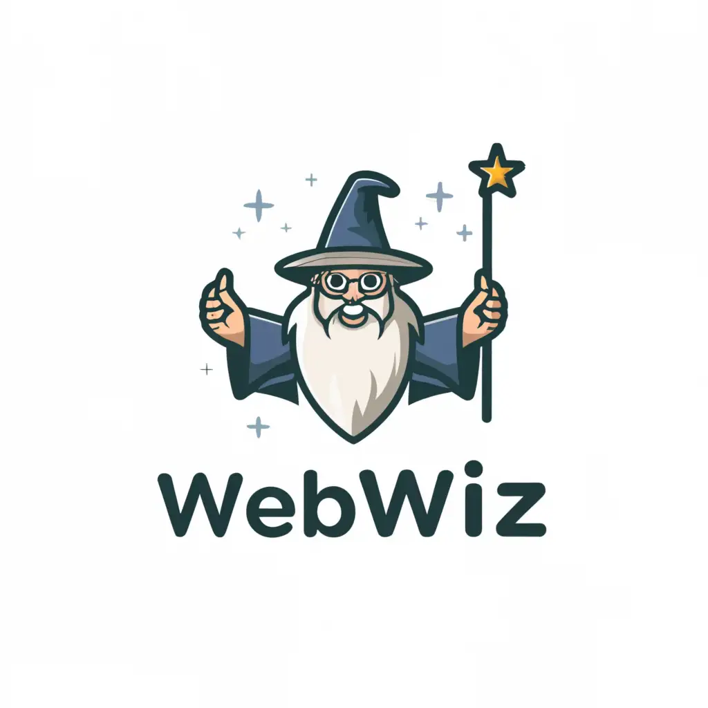 a logo design,with the text "WEBWIZ", main symbol:Wizard guy with a stick and raising his hands on middle this logo name should come,Minimalistic,clear background