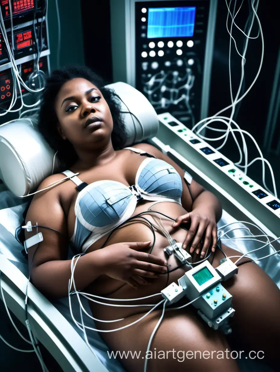 Young adult woman lying down in a futuristic medical chamber. She is slightly overweight. Numerous heart monitor electrodes are placed on her chest and breasts, connected by wires. A tube connects a catheter inserted into her groin and drains urine into a tube between her legs. She is wearing an underwire bra. Sensors are attached to her body to monitor her vital signs.