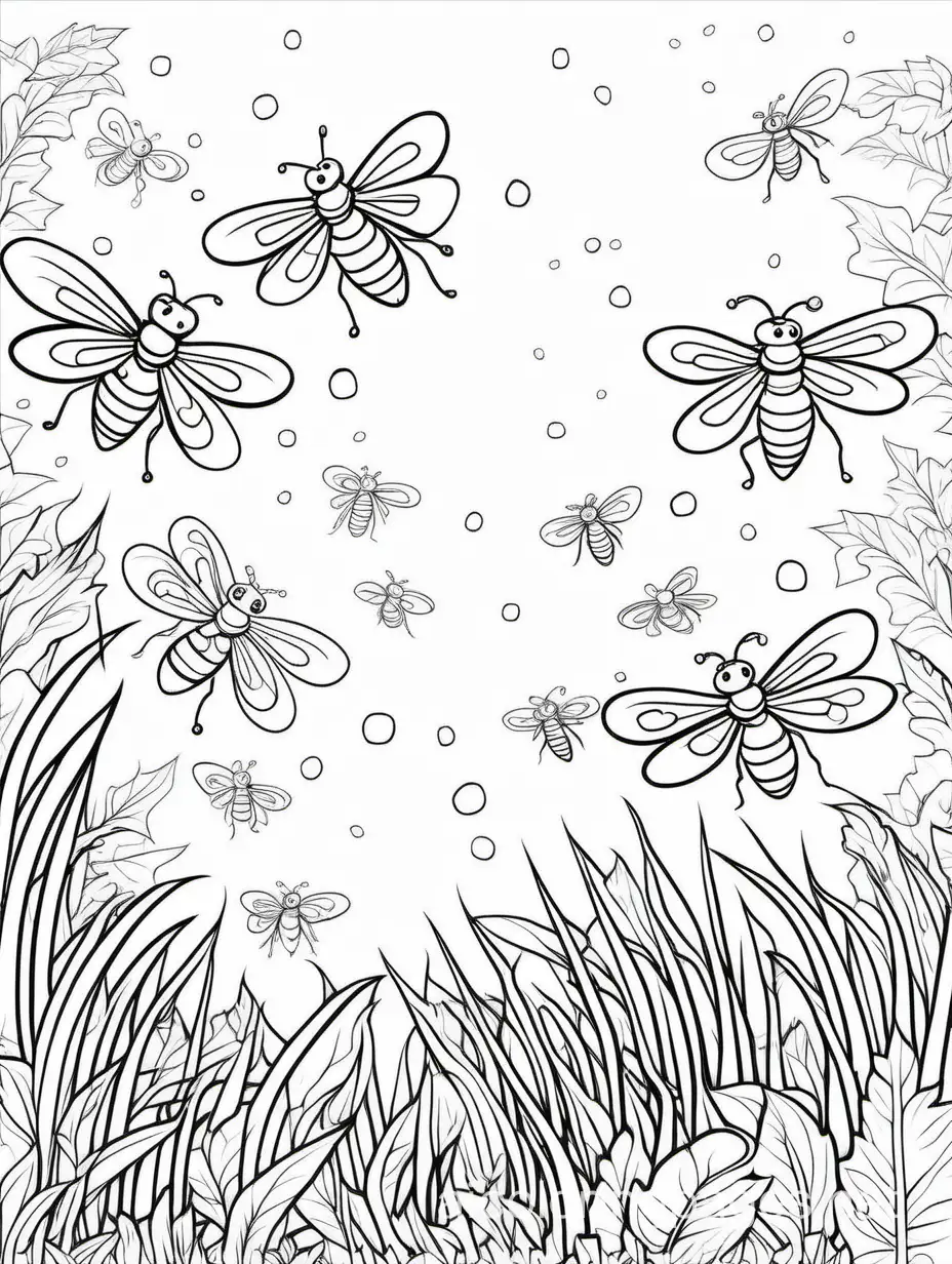 Glowing Fireflies Creating a Magical Nighttime Display. The background of the coloring page is plain white to make it easy for young and adult   to color within the lines. The outlines of all the subjects are easy to distinguish, making it simple for kids to color without too much difficulty, Coloring Page, black and white, line art, white background, Simplicity, Ample White Space. The background of the coloring page is plain white to make it easy for young children to color within the lines. The outlines of all the subjects are easy to distinguish, making it simple for kids to color without too much difficulty