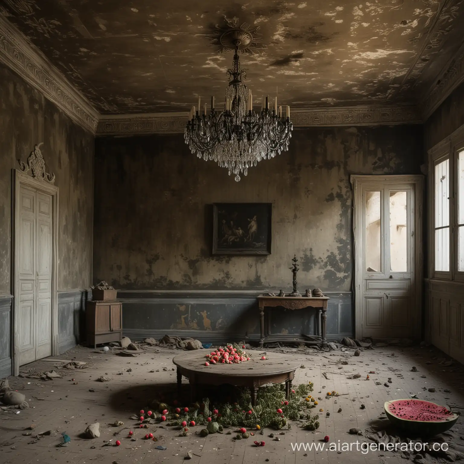 Forgotten-Room-with-Dusty-Chandelier-and-WornOut-Hat