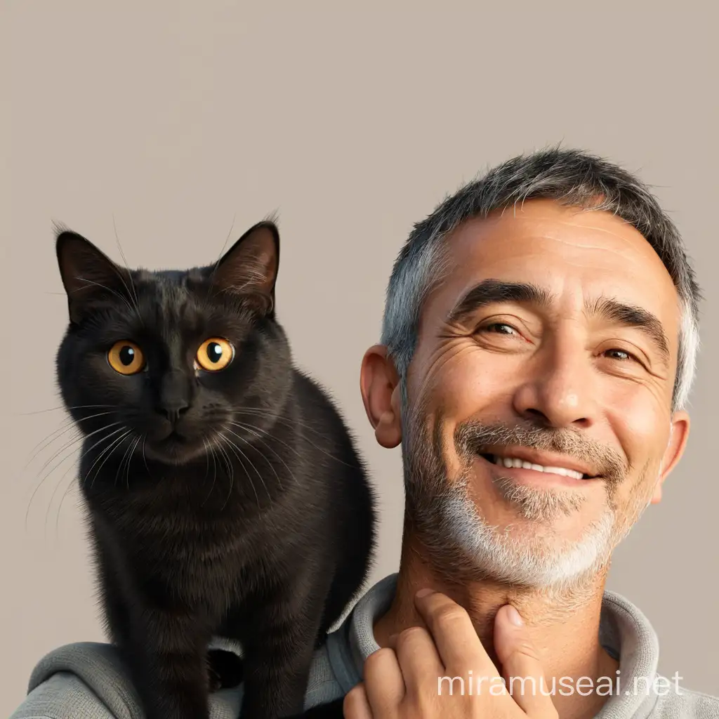 Animated character with cat in heartwarming pose.