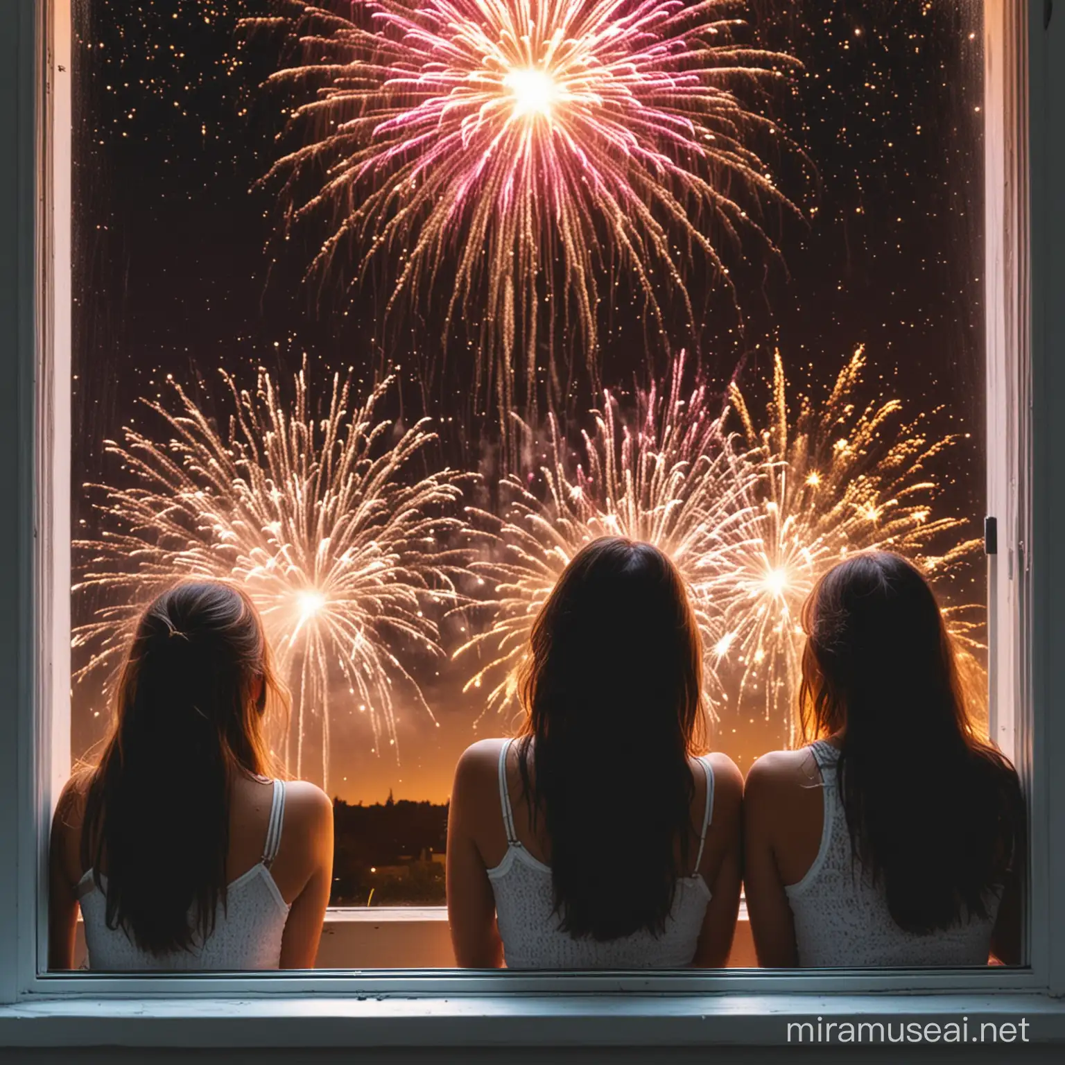 3 teenage girls looking at fireworks through the window
