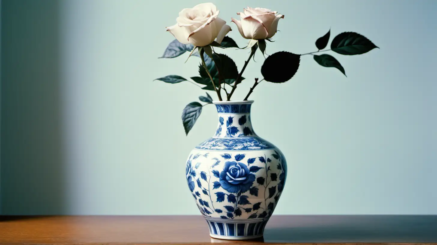 Lomo photo of a blue and white porcelain vase. The vase has a single rose in it.
On the surface of the vase is a floral motif