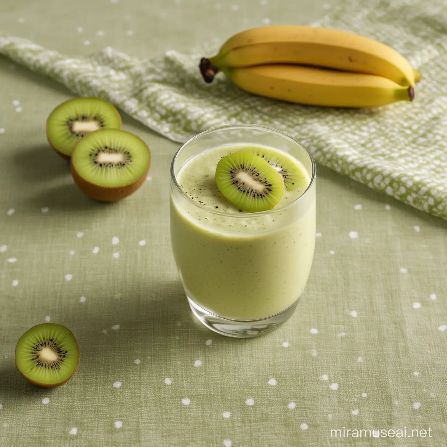 Banana and Kiwi Smoothie in a glass on a table with a nice tablecloth
