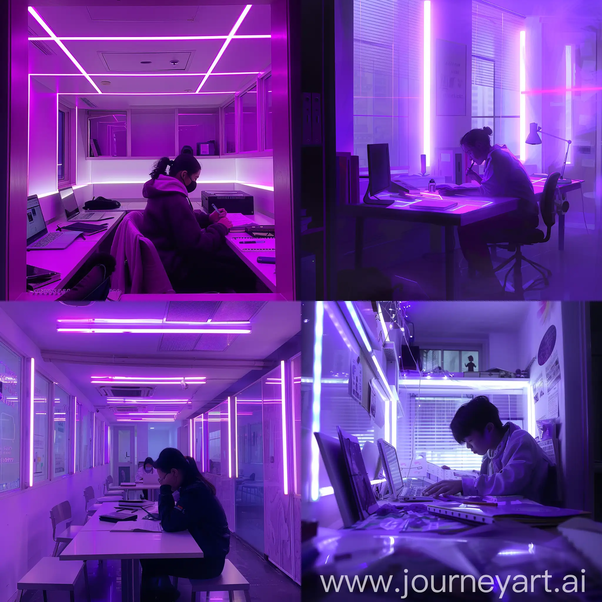 A study room with purple and white lights where a diligent student is deeply engrossed in studying. - - ar 9:16