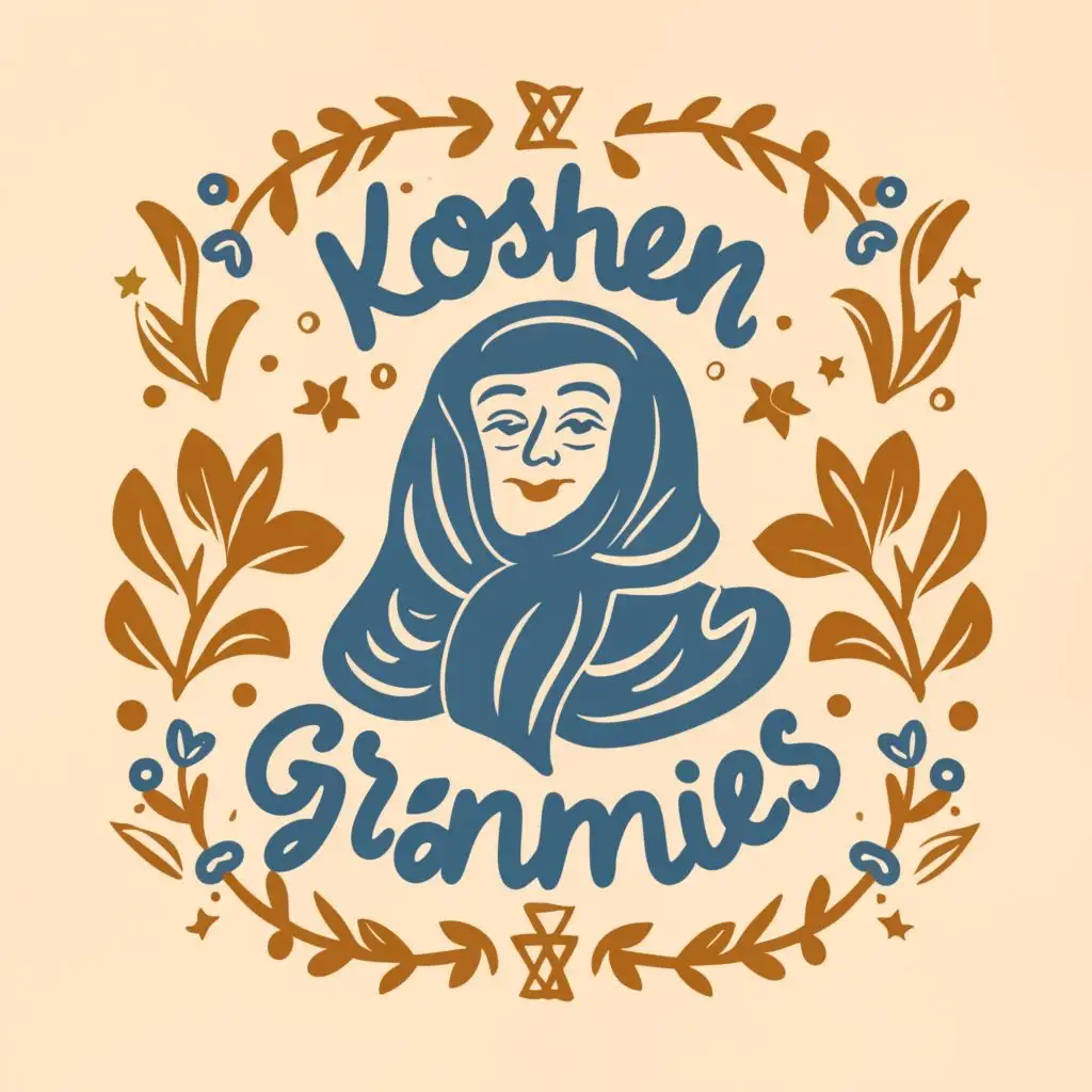 logo, Headscarve israeli with stars of david, with the text "Kosher Grannies", typography