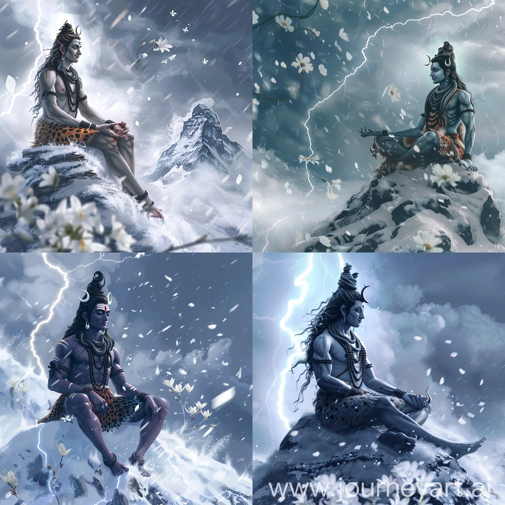 Majestic-Lord-Shiva-Amidst-Snowy-Peaks-with-Divine-Lightning-and-Falling-White-Petals