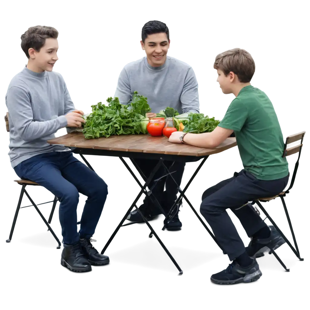 Three boys around a table with vegetables