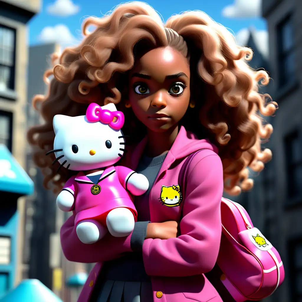 keep with the same image create an african american hermione granger, seize the day, with a bright aesthetic look with her pal Hello Kitty