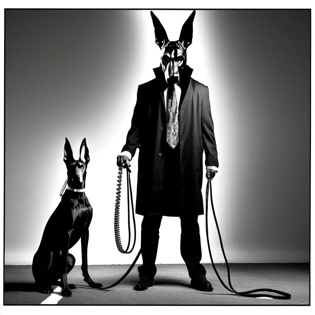 white and black image, doberman with leash handle in his mouth, guy with leash on neck in a donnie Darko bunny mask

