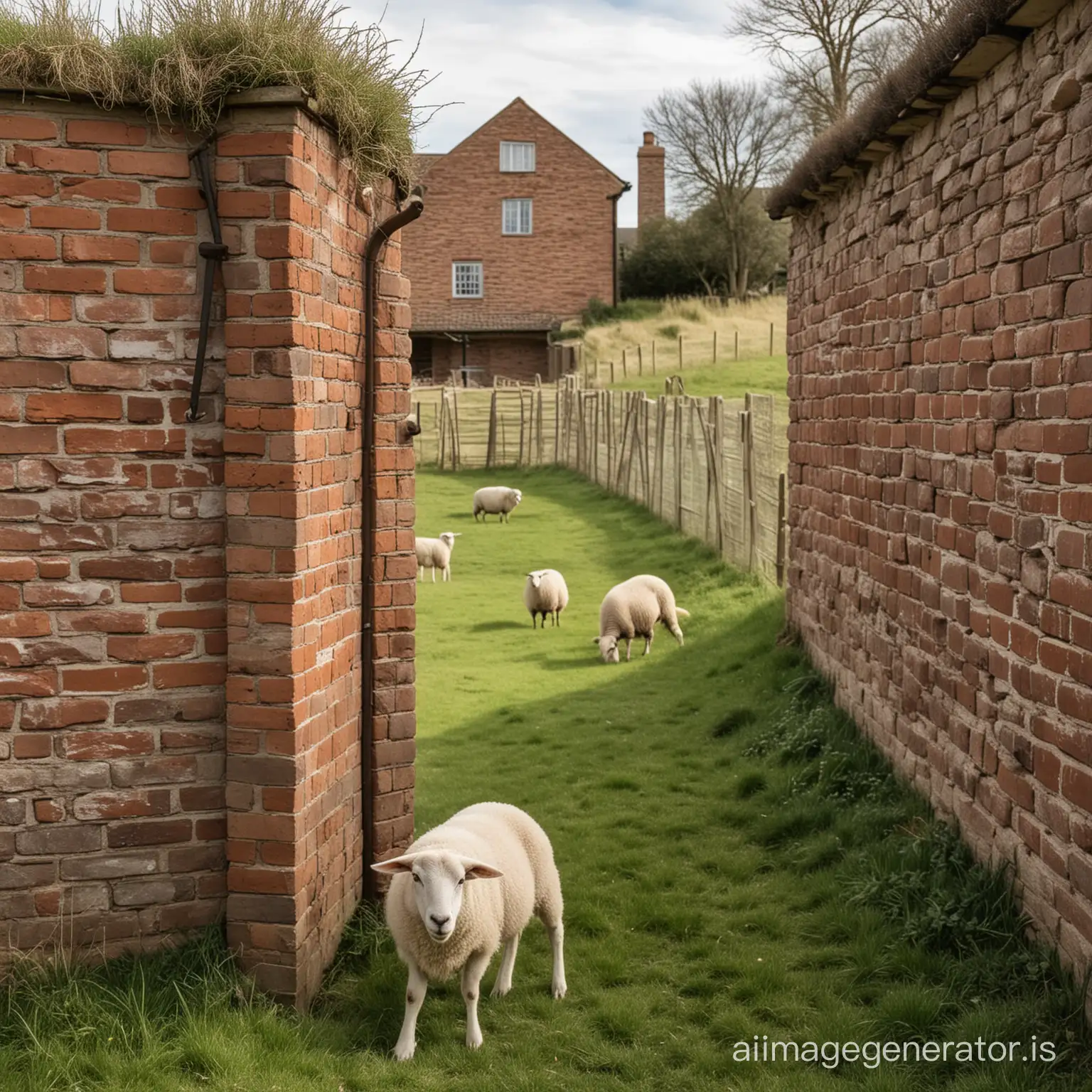 There is a grassy ground with a brick wall and behind the wall is a sheep peeking out and in front of it stands a butcher with a knife in his hand.
