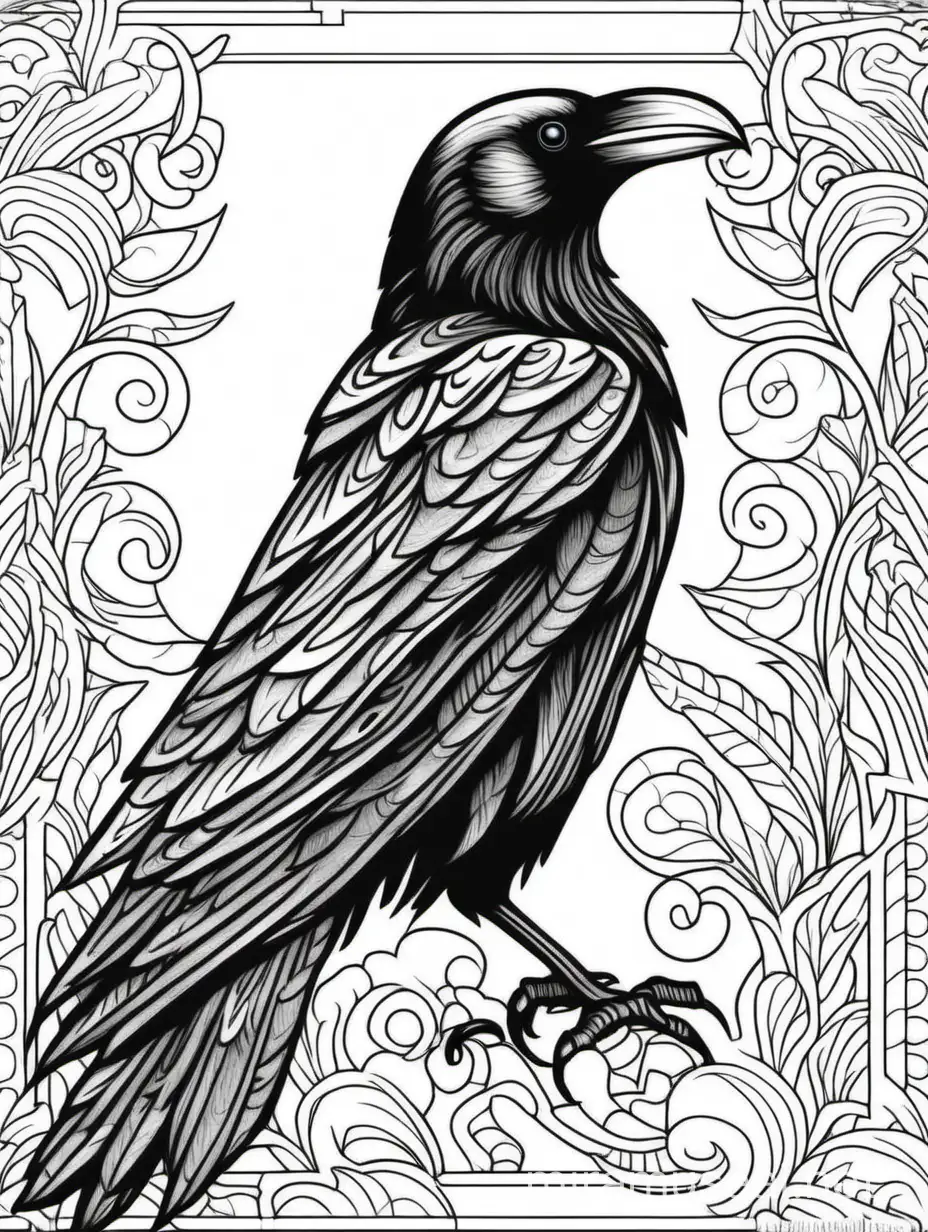 generate a coloring page for kids with a beautiful raven on black background