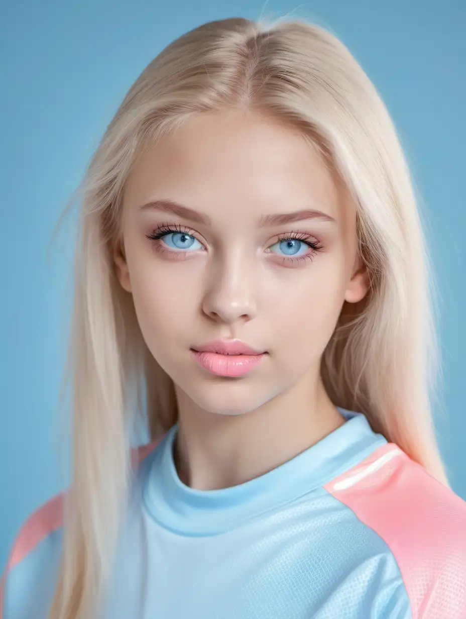portrait of a beautiful young girl with blond hair and light pink color lipstic, light blue eyes, sport clothes