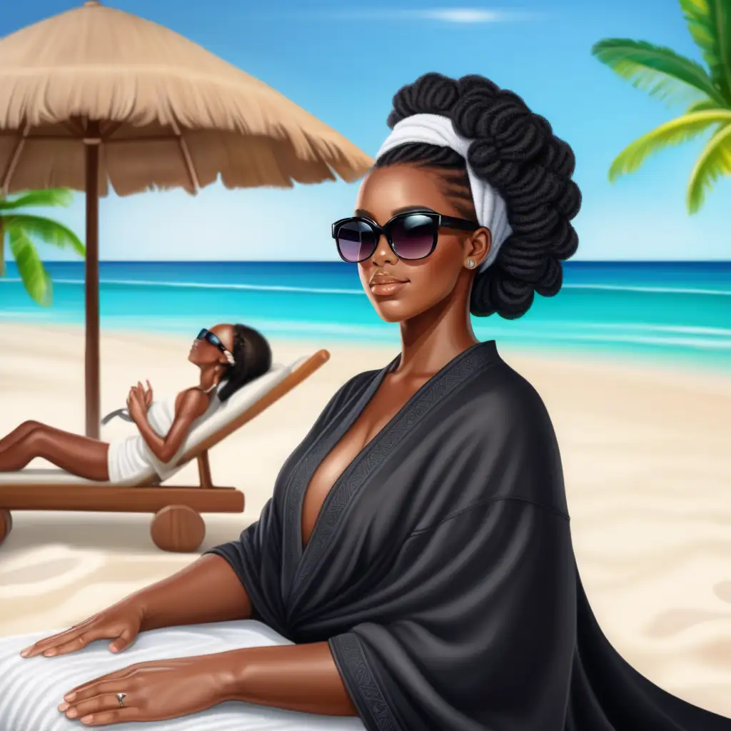 An realistic beautiful
Black thick woman wearing beautiful black colored long natural hairstyle, wearing towel wrap, wearing luxury sunglasses at a Jamaican Resort Vacationing getting massage at spa on the beach
