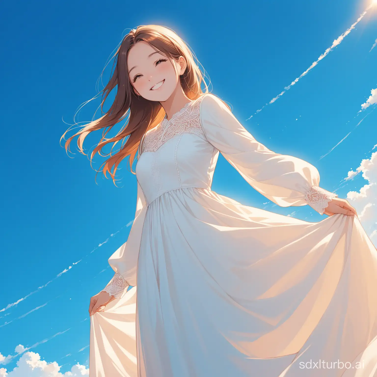 A smiling girl, wearing a white long dress with long sleeves against a blue sky background