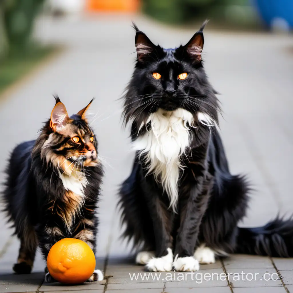 black cat, Maine Coon breed, with orange eyes, playing with a mongrel dog, white, with brown eyes, medium size