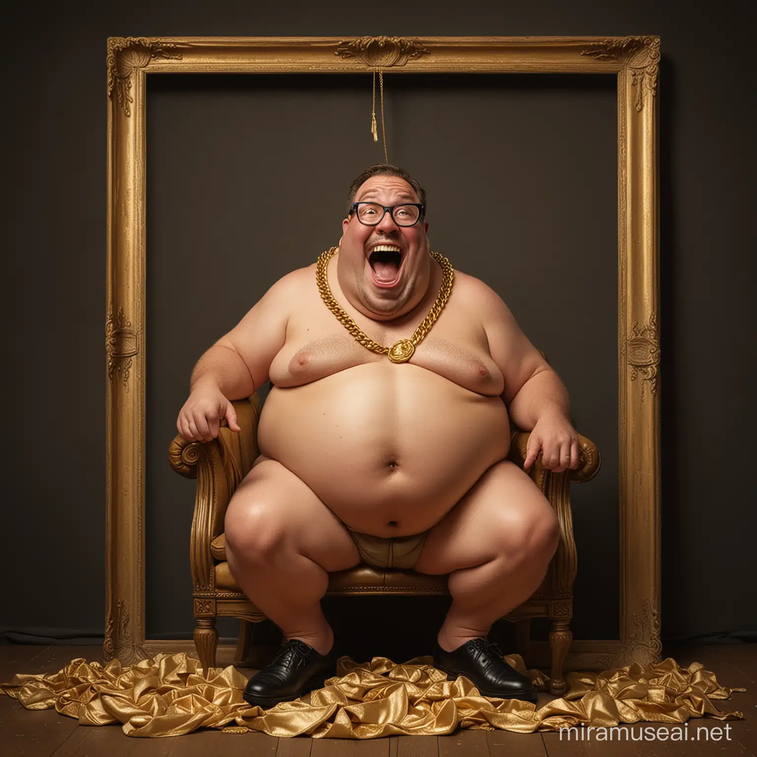 A caricature of a fat man with big stomach, putting on cold chains necklace , and over sized frame eye glasses, laughing, on suite , seating on a chair with gold sack on  the floor, on a black dramatic background 
