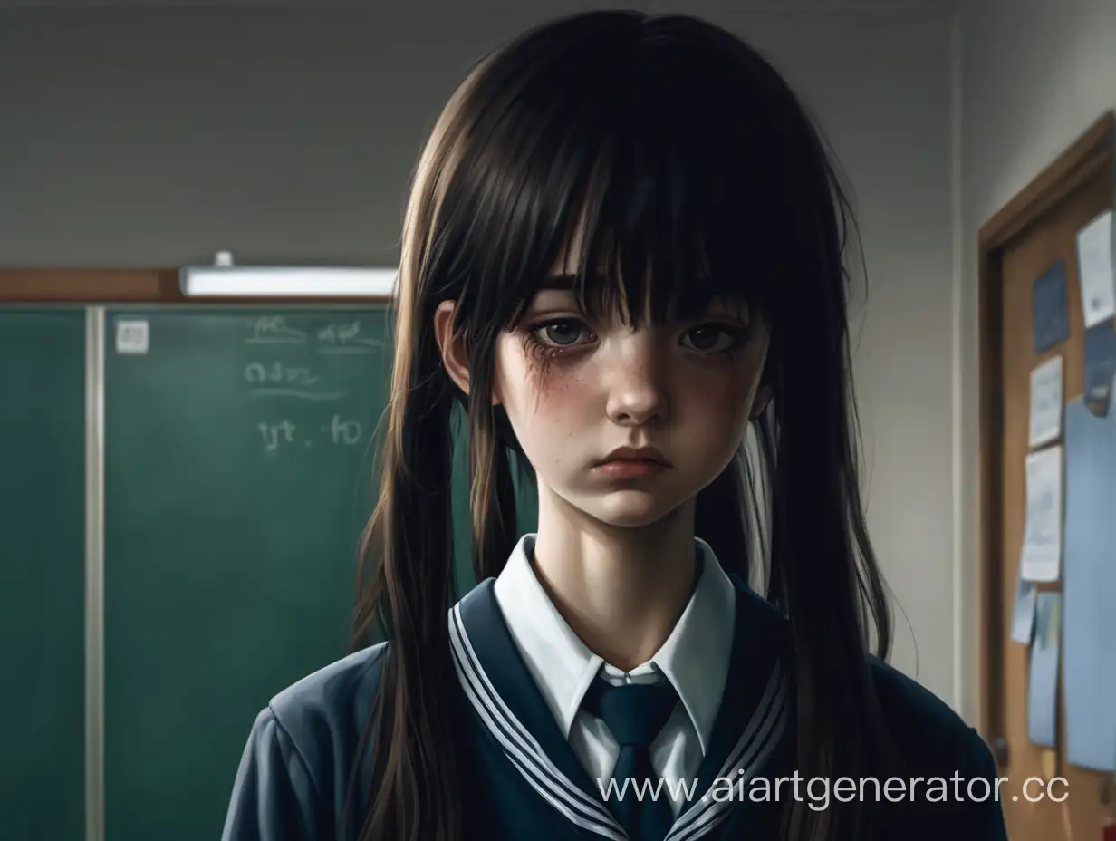 девочка подросток в школьной форме, длинные темные, грустная, челка нависает на лицо
