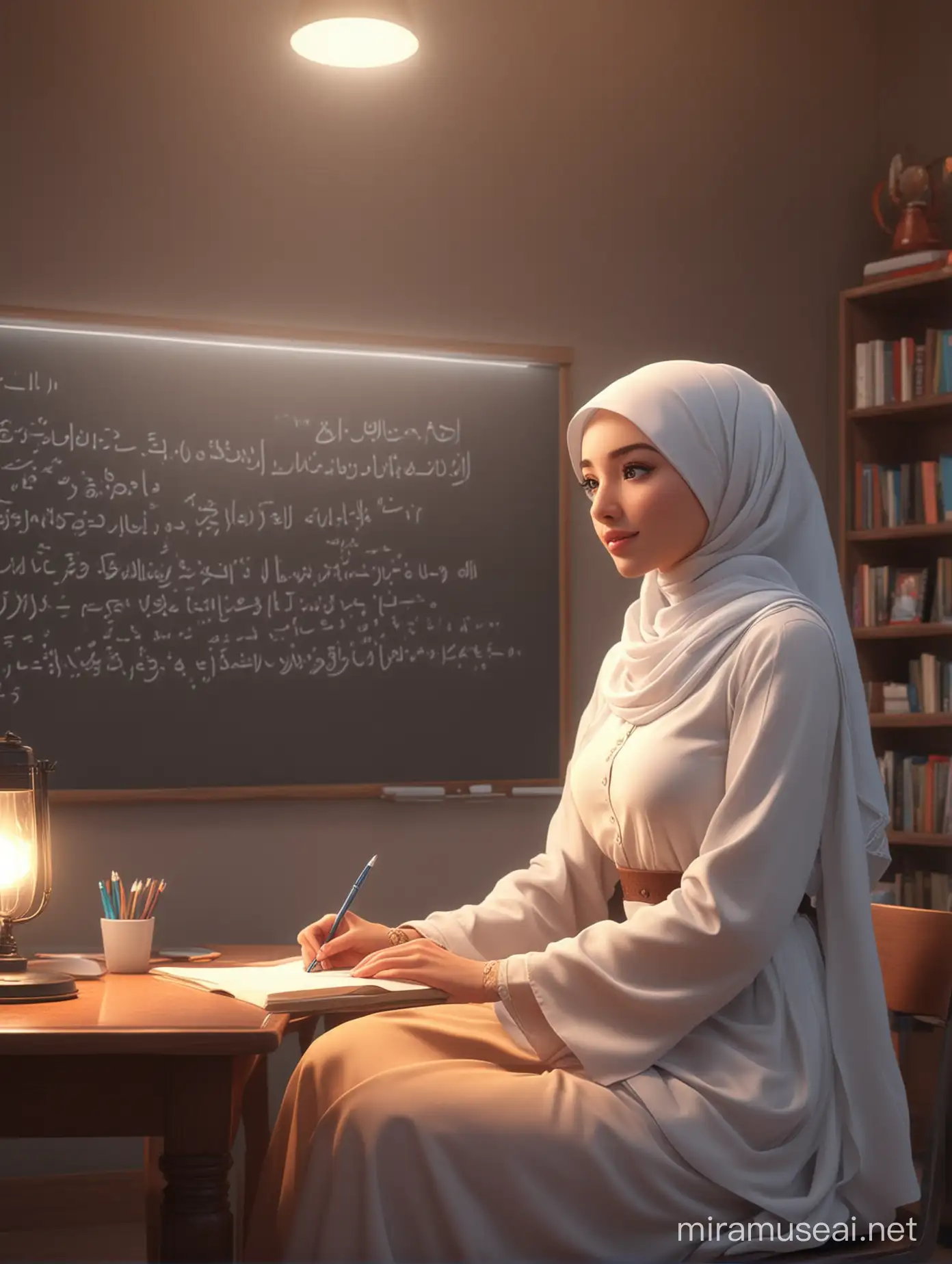 masterpiece, beautiful woman in hijab sitting in the study room and beside her there is a blackboard (anime, cartoon, light effect, lighting is smooth in 3d animation)
