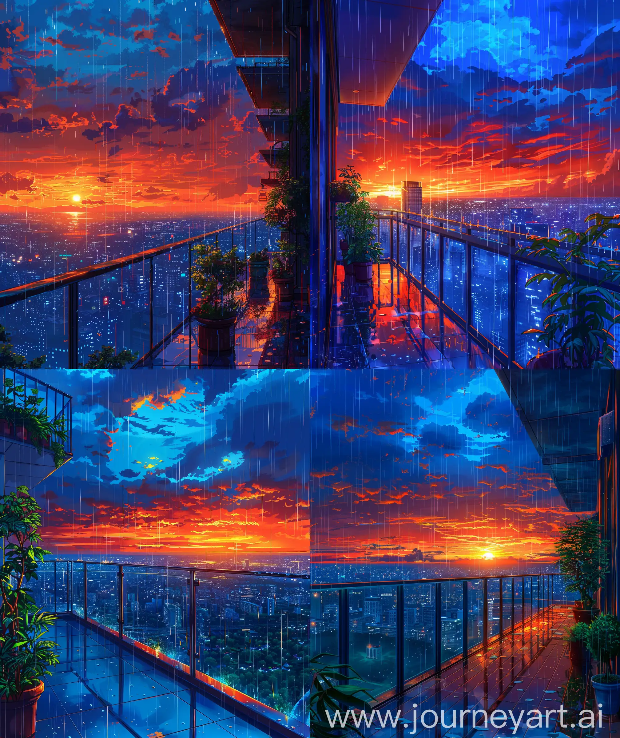 Anime scenary, illustration , sunset and rain , vibrant blue red orange sky, rain falling, beautiful view, city from balcony, pixel style, Ultra hd, sharp details, high quality , beautiful balcony of high rise building, potted plants, glass railling, high building beautiful view, anime style, illustration --ar 27:32 --s 400