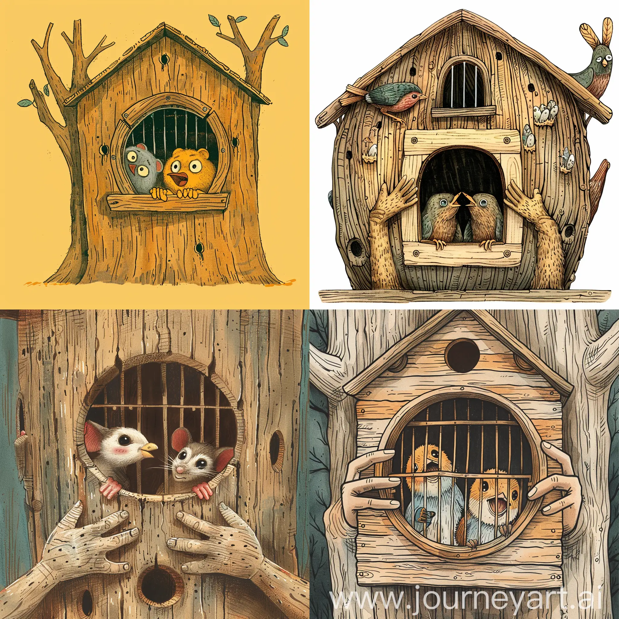 House-shaped birdcage made of wood with hands, birdcage with hands is a tree to a mouse, simple image pattern、Window and hole、Two birds are showing their faces in the hole (focus)、Vintage mouse. Hand drawn, Easter colors, abstract, cheerful, whimsical, funny, children's storybook style